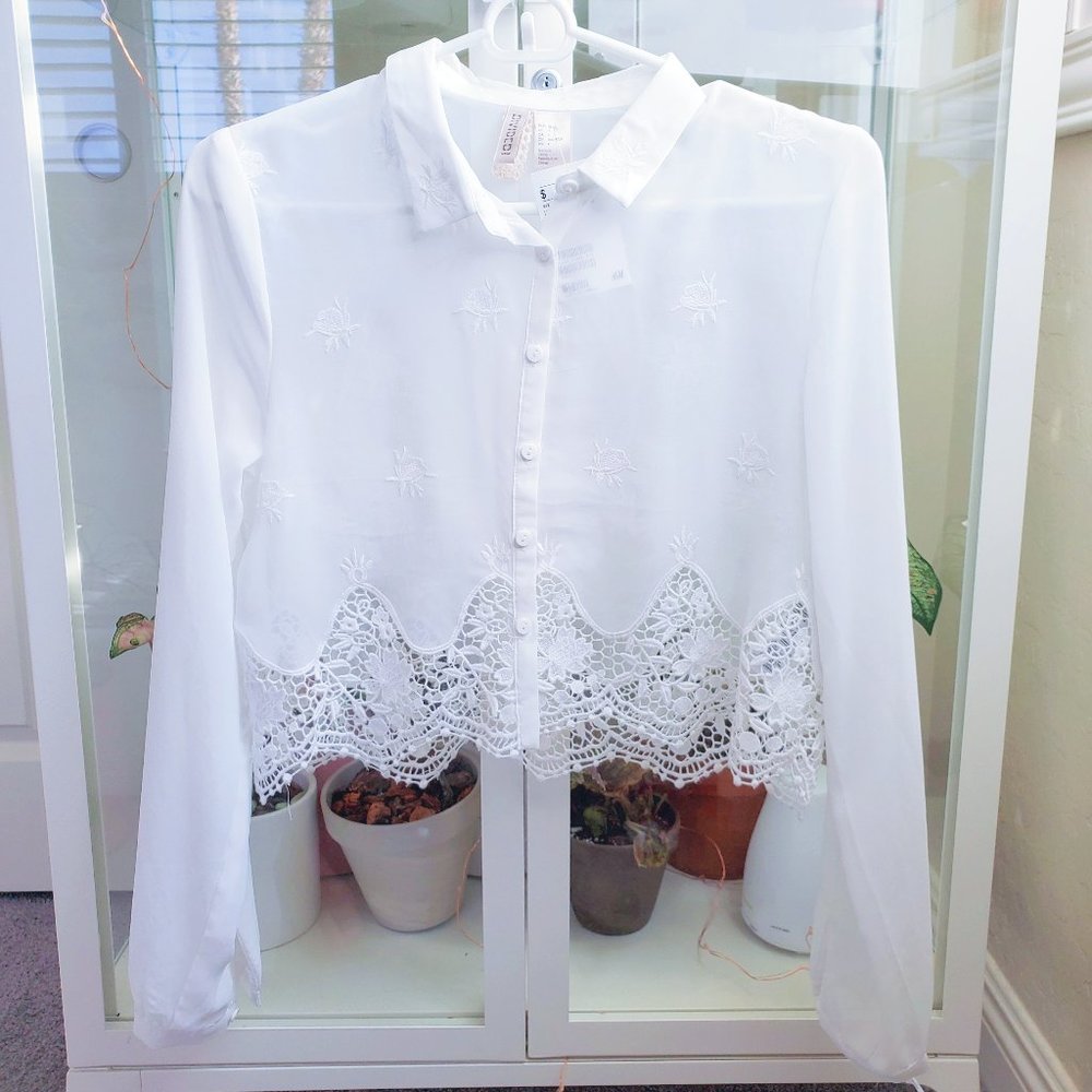 H&M Embroidered Crop Button Top with Crochet Hem